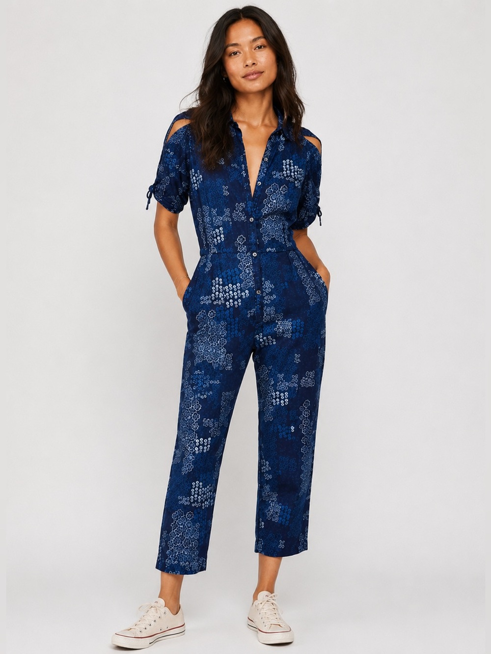Free People Indigo Daze Printed Chambray Jumpsuit Button Front Pockets Medium
